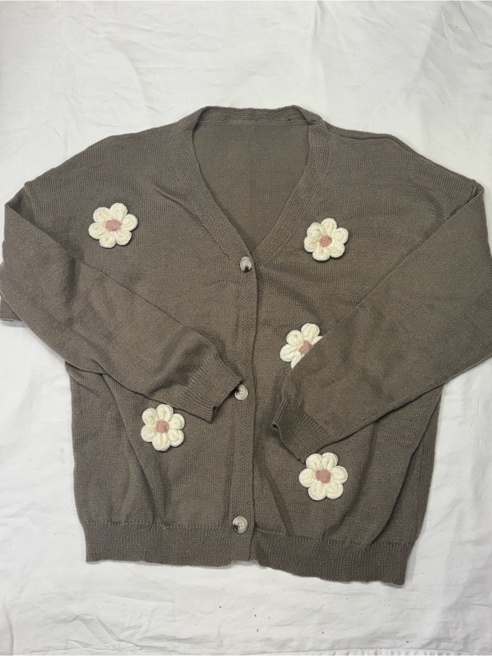 Classic Floral-Appliqué V-Neck Cardigan - Taupe